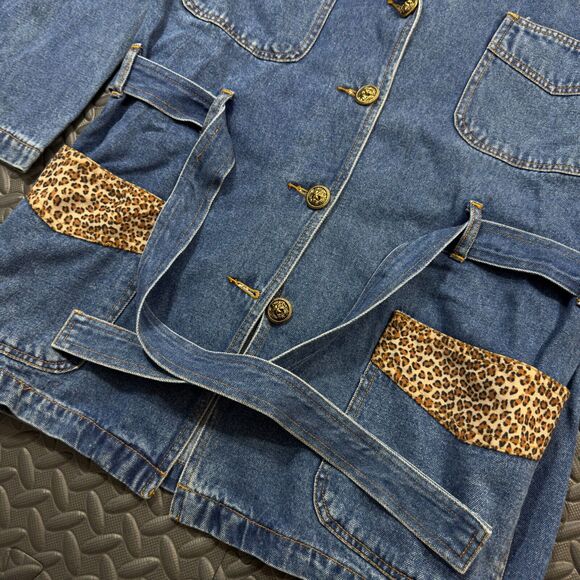 Ivana Trump Denim Jacket Womens 1X Blue Leopard Trimmed Belted Button Front - Picture 3 of 9